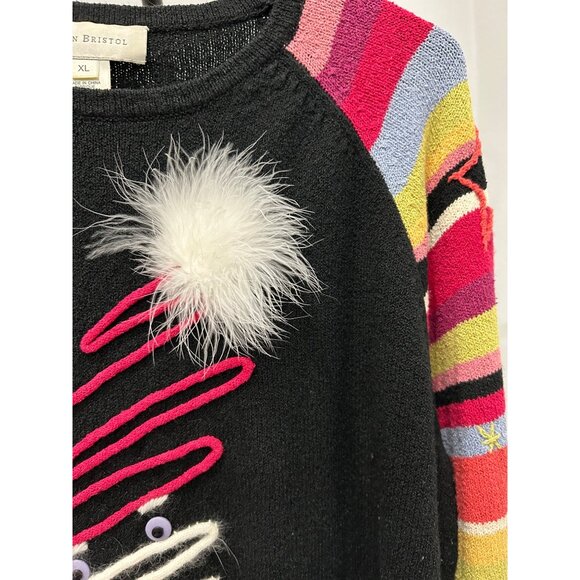 Susan Bristol XL Festive Santa Knit Sweater Colorful Striped Sleeves Pom Accent - Picture 4 of 8